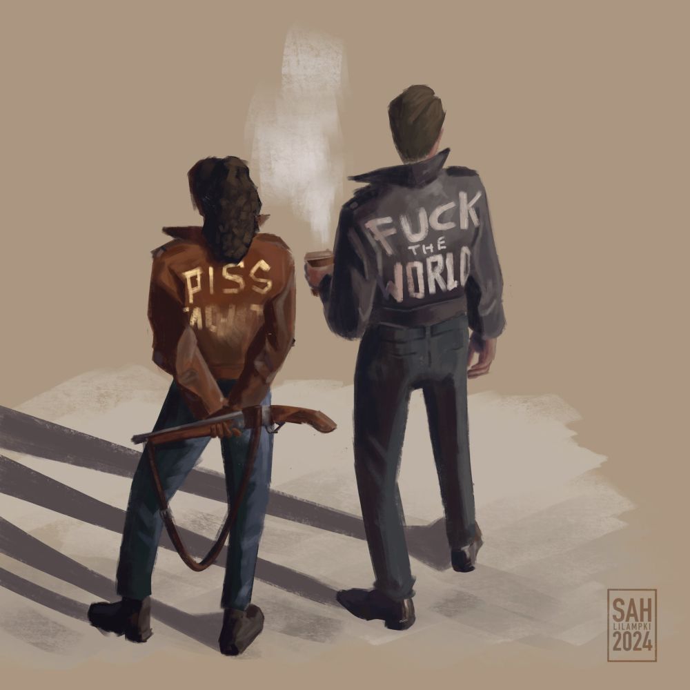 A digital painting of Saga Anderson And Alex Casey from Alan Wake 2. It's drawn in the stylenof Disco Elysium, and Saga is wearing the leather jacket reading 'PISAF****T' on the back, Casey is wearing the jacket reading 'FUCK THE WORLD'. They are depicted from behind, Saga is holding the sawed off shotgun behind her back while Casey is holding a papercup of steaming hot coffee.