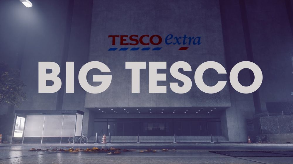 Front of The Oldest House from CONTROL with "BIG TESCO" scrawled across in a title card fashion.  The Tesco extra logo can be seen on the front of the building.