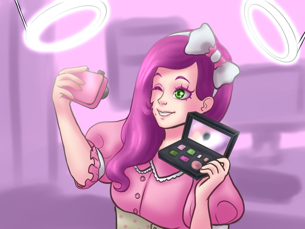 A half-body drawing of a girl with long magenta hair and light skin; with piercing emerald green eyes. She is turned to the side in a 3/4 view, and is holding up a camera with one hand and a makeup palette with the other. She is wearing a pink button-down blouse with puffed sleeves and white frills on the collar. The top of her white skirt with pink polka dots can be seen at the bottom of the image. She is taking a photo of herself with the camera, showing off the makeup palette. Around her head are two ring lights illuminating her from the front and back. In the background a faint blurry image of her room can be seen.