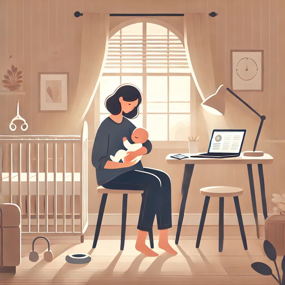 a DALLE created image of a woman holding a baby at a desk with a laptop