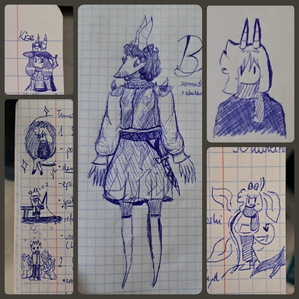 Bluepen sketches (5); 
1: Cute Kise Akuta, small drawching, 
2: Blaite on a moon, Blaite fishing (and fallen asleep), Blaite with cement shoes, 
3: Blatyn (OC) in a more sarmatic-inspired clothing, 
5: floral Blaite.
🐦‍⬛Kise Akuta is the owner of the bird with horns Original Chatacter! 🐦