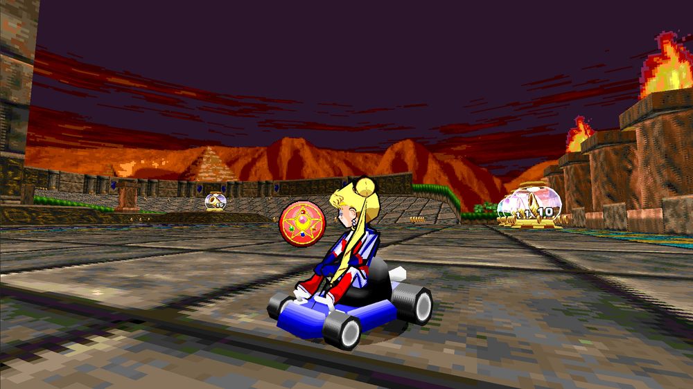 The Crystal Star Follower (As a 3D model) for Ring Racers floating behind Sailor Moon Racer on Regal Ruin.