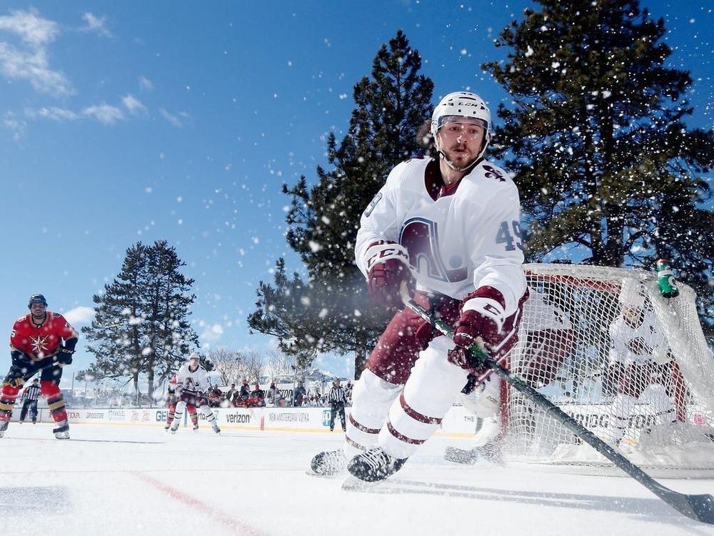 Samuel Girard in the Nordiques-themed Reverse Retro jersey at the Lake Tahoe NHL outdoor game in 2021.