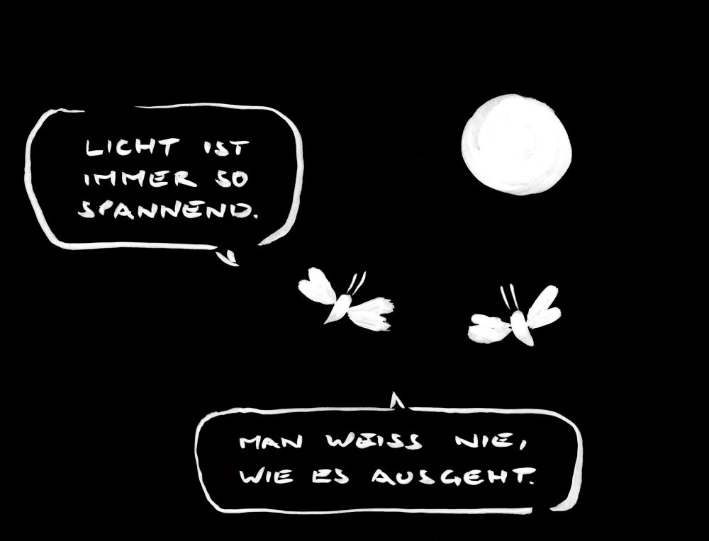 Cartoon aus wenigen weißen Pinselstrichen Tuschestrichen. Zwei Motten fliegen auf einen hellen Punkt zu. Eine sagt: Licht ist immer so spannend. Man weiß nie, wie es ausgeht.
