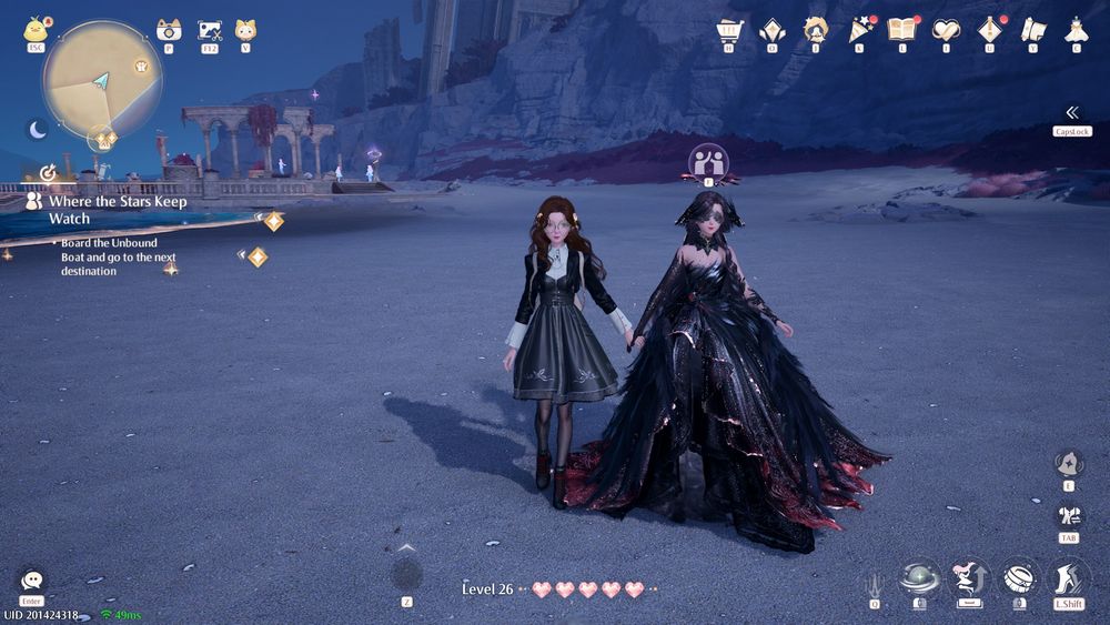 Screenshot of Infinity Nikki. My character, dressed in a black pleather dress is walking while holding hands with another player character, dressed in an extremely fabulous dark dress. It's giving lesbian goddess and her mortal lover
