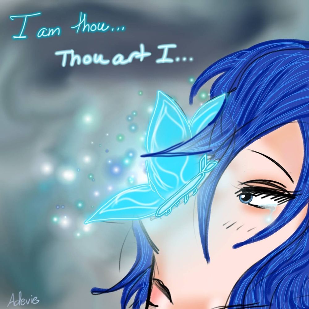 A profile of Naoto Shirogane, the Persona 4 Arcana holder of "Fortune" being confronted by a glowing blue moth that has landed on her nose, representing her own Persona. 

The words "I am thou, thou art I" are hovering above them in a wash of fog.  