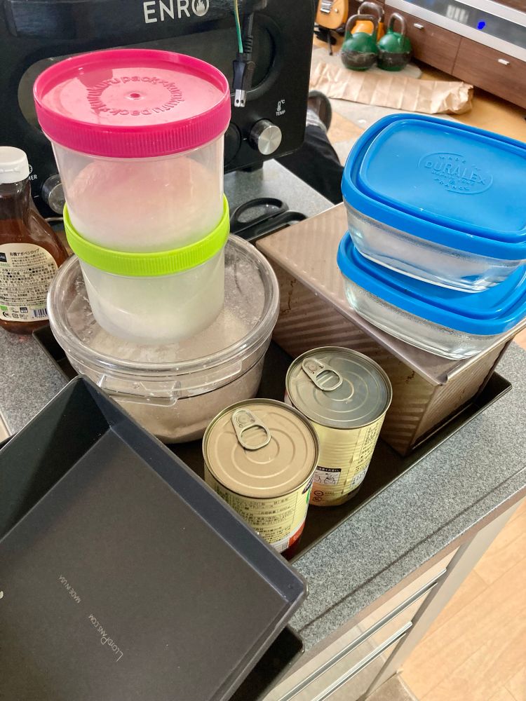 A half dozen containers with carious pizza doughs, hopefully happily fermenting away