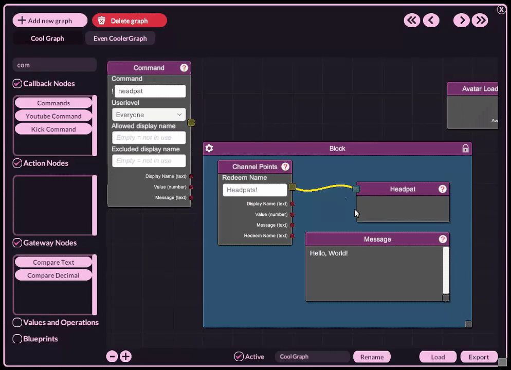 a recording of the VNyan Node Graph UI illustrating the new node block import and export system: copy + pasting a block in a similar way to nodes; then Exporting to the clipboard, showing what the resulting text code looks like; then pasting that same code back into the Node Graph to illustrate the export feature.