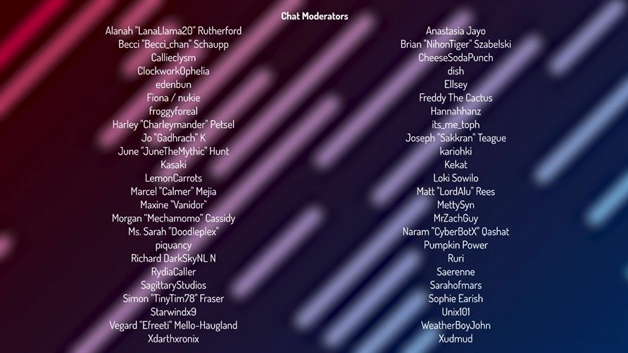 A screenshot from the end credits roll for SGDQ 2025, listing the Chat Moderators for the event