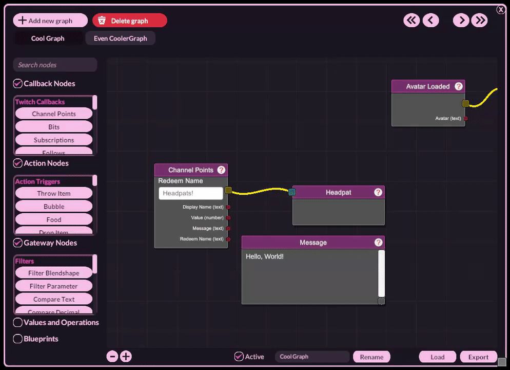 a recording of the VNyan Node Graph UI illustrating the new node block system: creating a new block; moving it independently; resizing it to enclose some nodes; and then moving it along with the contained nodes.
