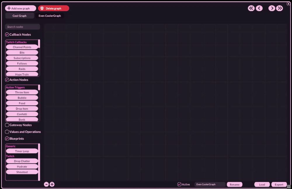a recording of the VNyan Node Graph UI illustrating the new blueprints library; selecting various items to automatically create a complex node graph quickly 