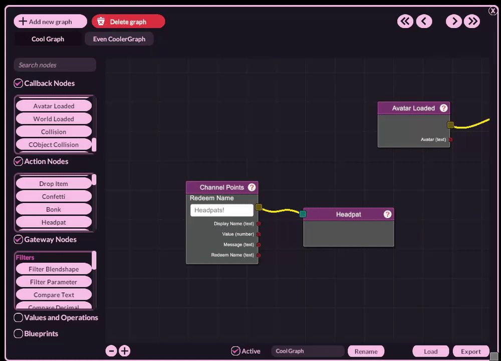 a recording of the VNyan Node Graph UI illustrating the new node group operations: moving connected nodes as a group, and copying and pasting an entire group at once.
