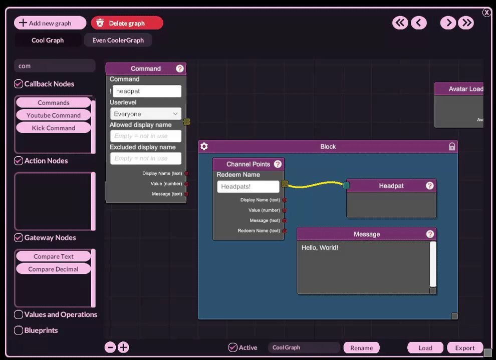 a recording of the VNyan Node Graph UI illustrating the new node block system's recoloring and renaming features: changing a block color through the context menu; and renaming the block through a button in the upper-right corner of the block