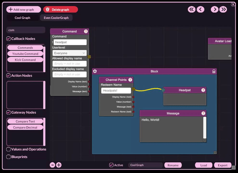 a recording of the VNyan Node Graph UI illustrating the new node block locking system: modifying a connection on a node in an unlocked block; locking the block using the button in the top-right corner; showing how attempts to modify connections and values does not work while locked