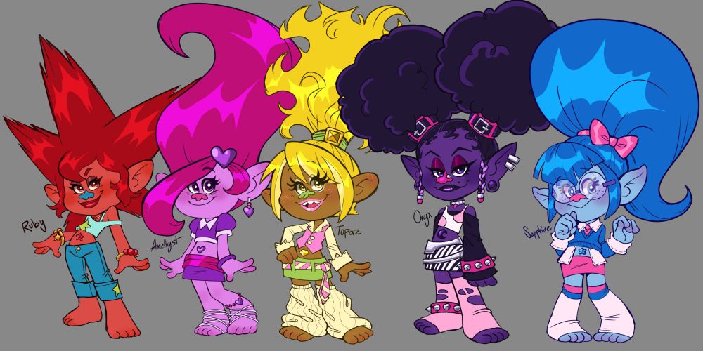The trolls from the old Trollz cartoon drawn in the style of Dreamworks Trolls. 