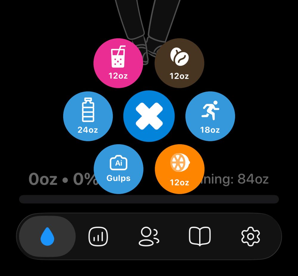 Screenshot of water app that shows various beverages and amounts to select as well as one that says AI gulps with a camera logo 