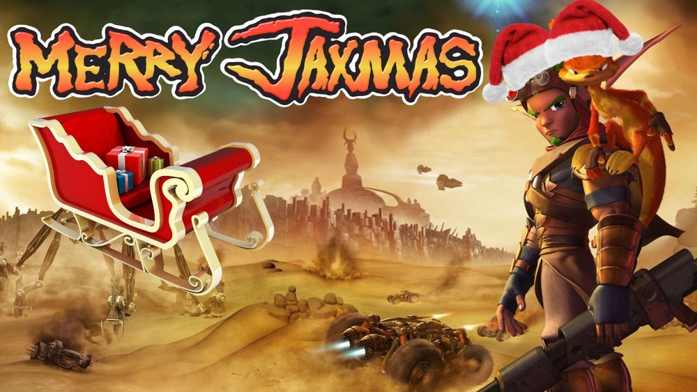 Jak 3 cover art with cheap clip art/photos from Canva, adding Santa's sleigh and hats to the characters. Text says Merry Jaxmas in the Jak and Daxter font.