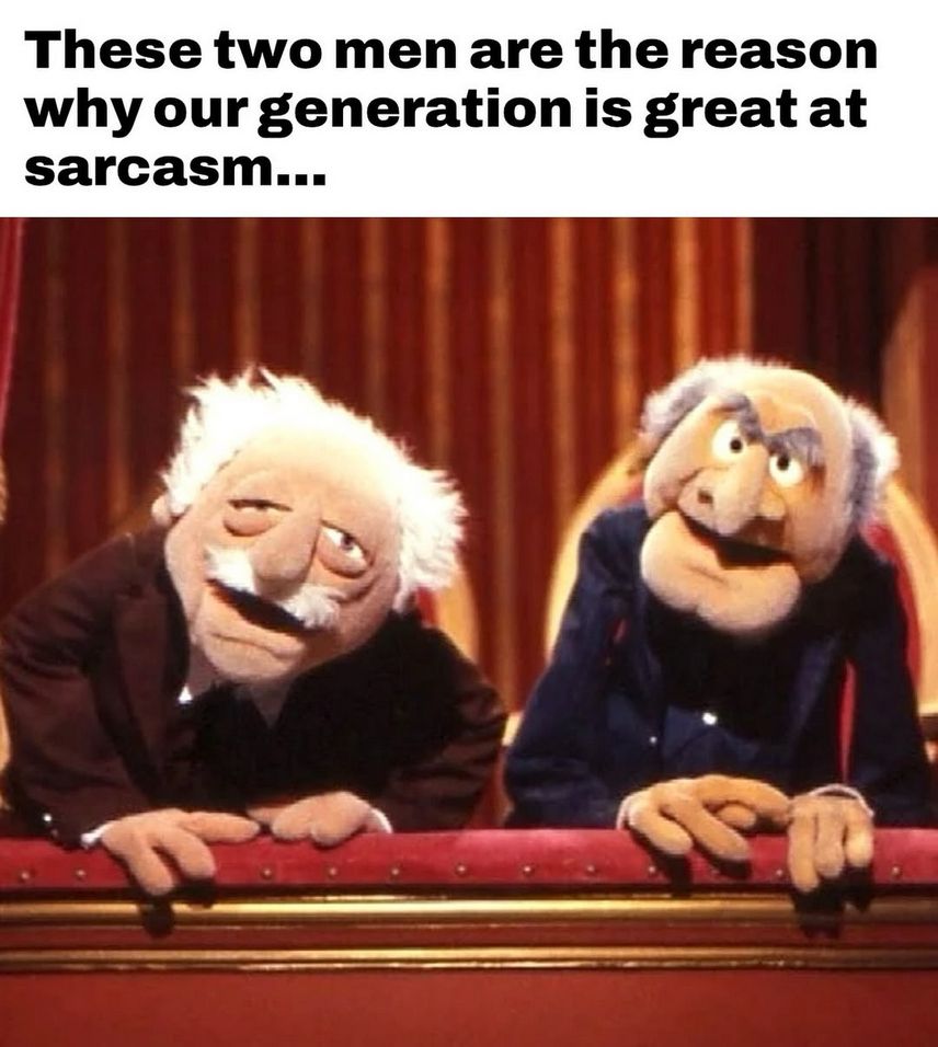 Zwei Muppet-Figuren, Statler und Waldorf, sitzen auf einem Theaterbalkon und blicken mit unbeeindruckten Gesichtern nach unten. Der Text darüber lautet: „Diese beiden Männer sind der Grund, warum unsere Generation so gut im Sarkasmus ist ...“