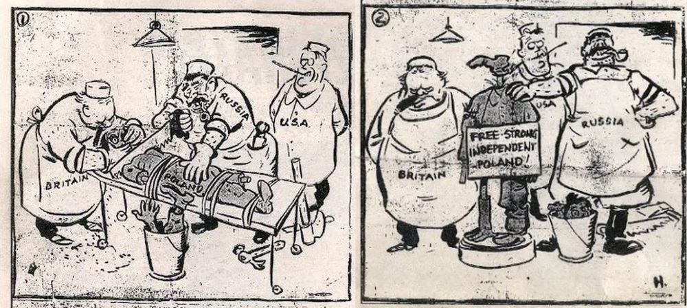 Old comic of Britain and Russia as doctors putting Poland together all twisted and wrong, stating here is free strong independent Poland