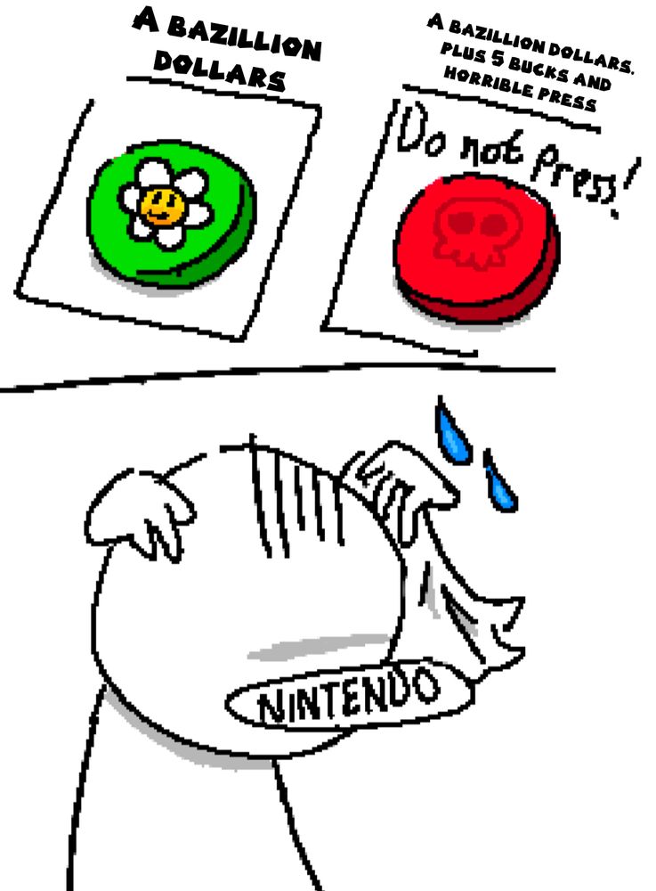 Poorly drawn doodle of a caricature of Nintendo sweating over the decision of either making a lot of money... or a lot of money but saving on like 5 bucks by removing the Gold point programm from NSO in return of bad press