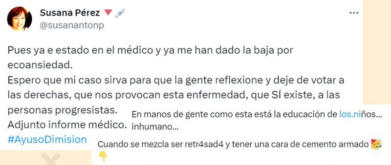 Cuidado con este tuit de 'susanantonp' sobre una baja médica por "ecoansiedad" que se viraliza como real: es de una cuenta trol · Maldita.es - Periodismo para que no te la cuelen