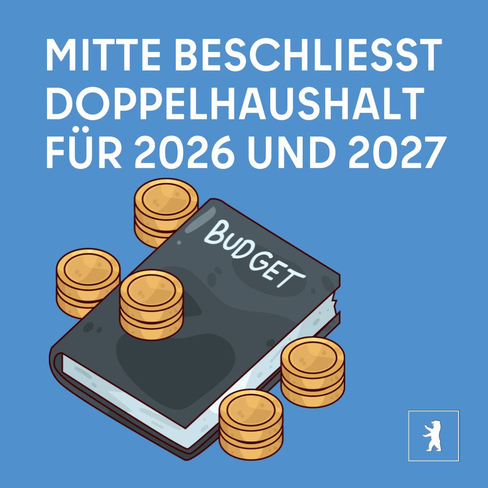 Illustration eines Budgetbuches umgeben von Münzen auf blauem Hintergrund, mit Text: 'Mitte beschließt Doppelhaushalt für 2026 und 2027'. Unten rechts befindet sich das Logo des BA Mitte.
