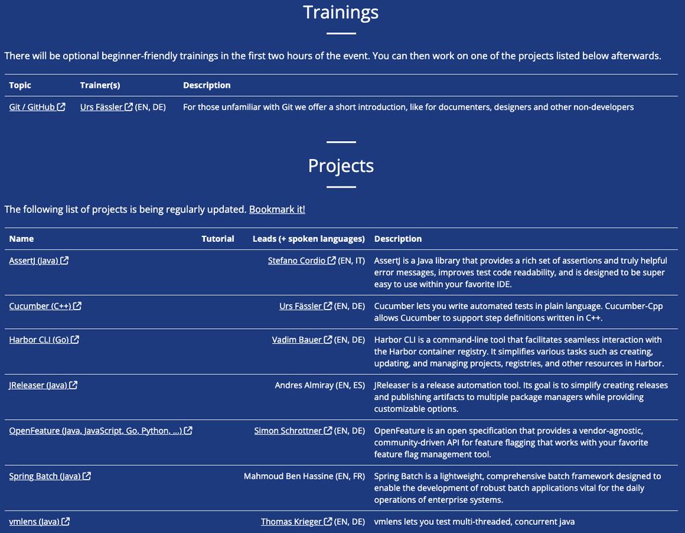 Trainings:
Git /GitHub

Projects:
AssertJ (Java)
Cucumber (C++)
Harbor CLI (Go)
JReleaser (Java)
OpenFeature (Java, JavaScript, Go, Python, ...)
Spring Batch (Java)
vmlens (Java)