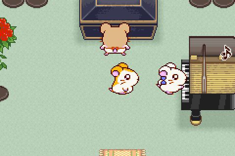 screenshot from hamtaro ham-ham heartbreak. one hamster is looking at a coffin in the room while another hamster, hamtaro, watches a hamster with bows, bijou, play a piano.