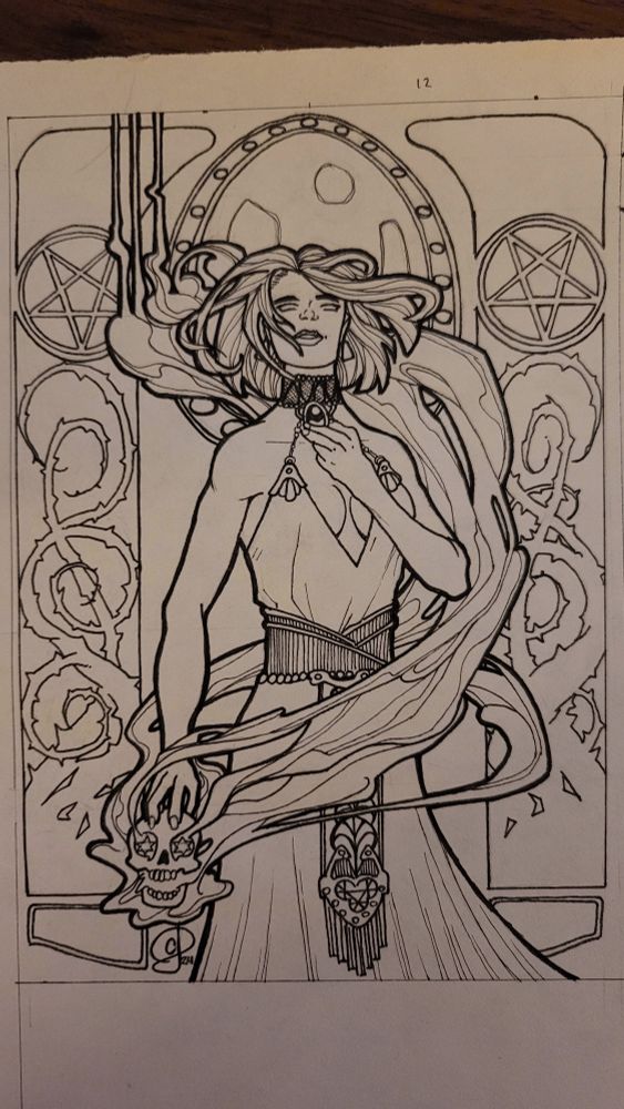 Ink drawing in an art nouveau style of a female magic user in a light dress with and elaborate belt and choker summoning energy from a skull which coils around her.