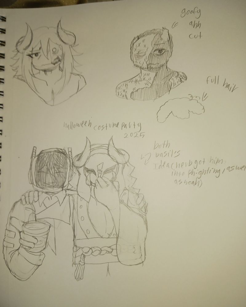 A doodle of how i think hyperlaser and katana from the roblox game phighting look without their mask (with OMAWARI basil and sunny with their hypertana couple cosplay)