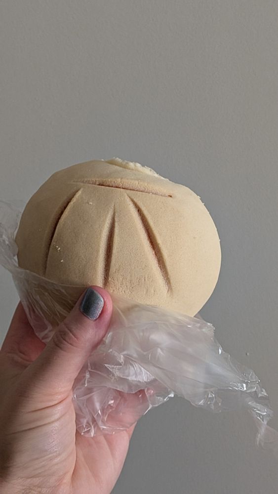 White hand with painted nails holding a small vanilla concha in one hand. It's still partially covered in a plastic wrapper.