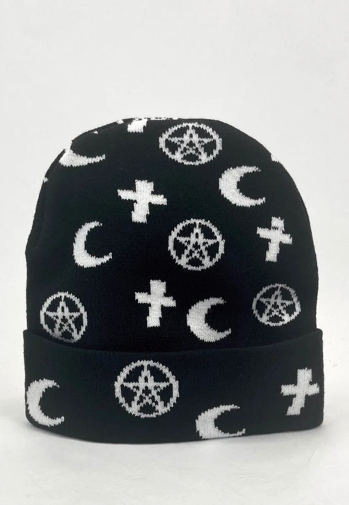 A black beanie with white iconography for crosses, pentagrams, and crescent moons.