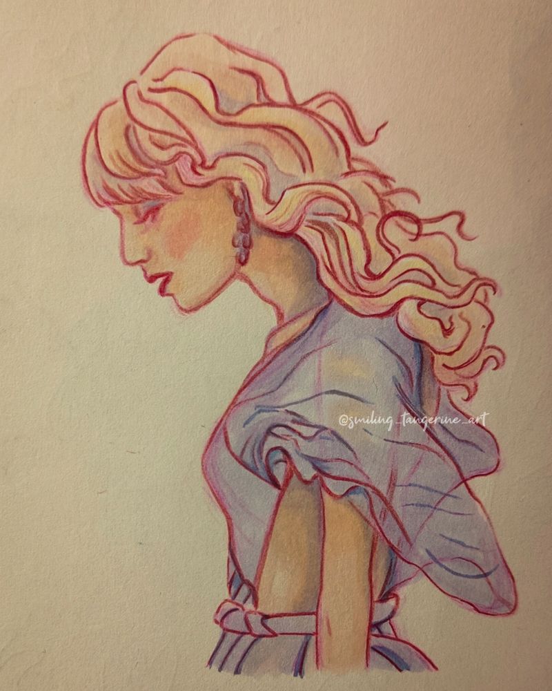 A drawing of Taylor Swift in her purple/blue dress from the Begin again music video