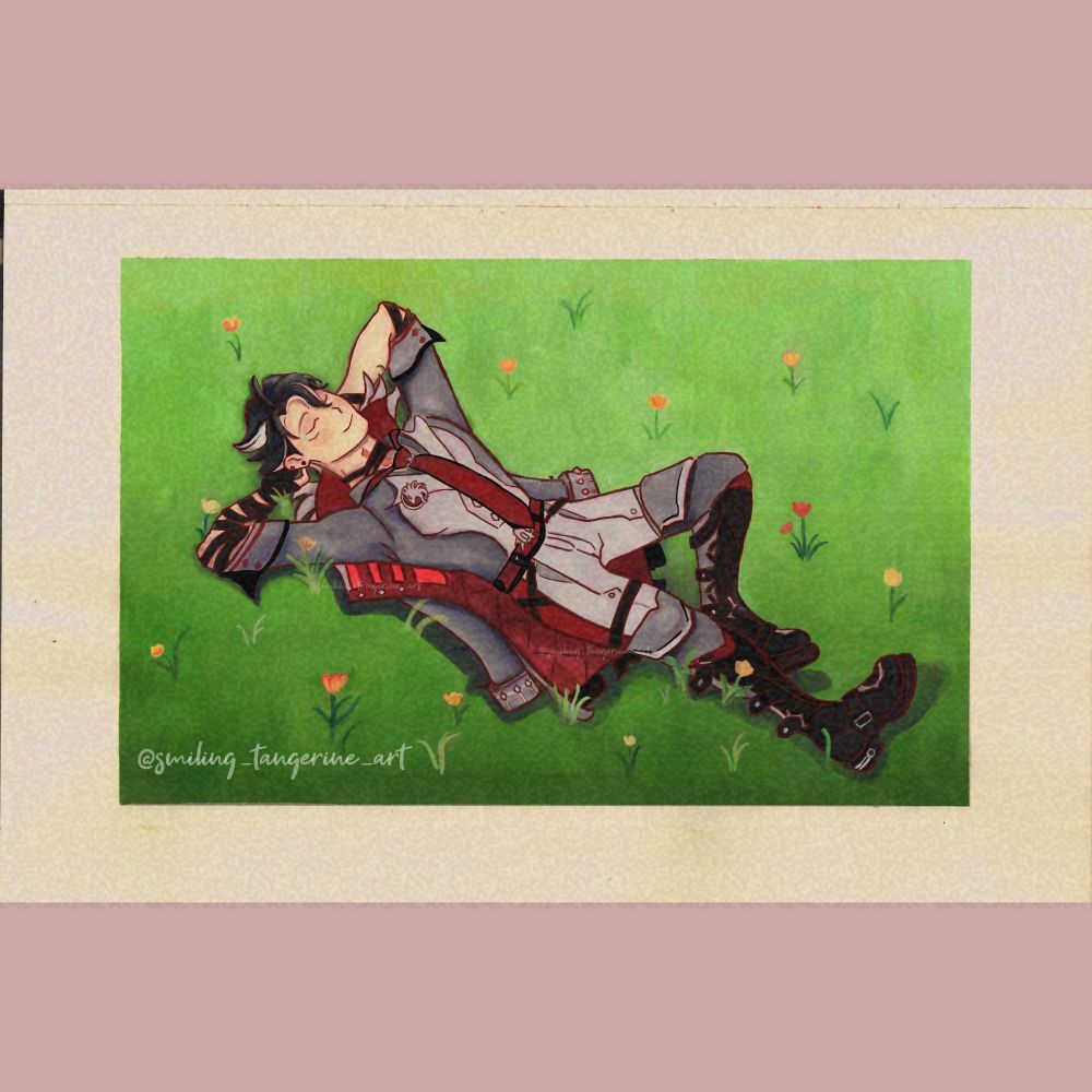 An illustration depicting Wriothesley from Genshin impact laying in the grass among some tulip-like flowers.