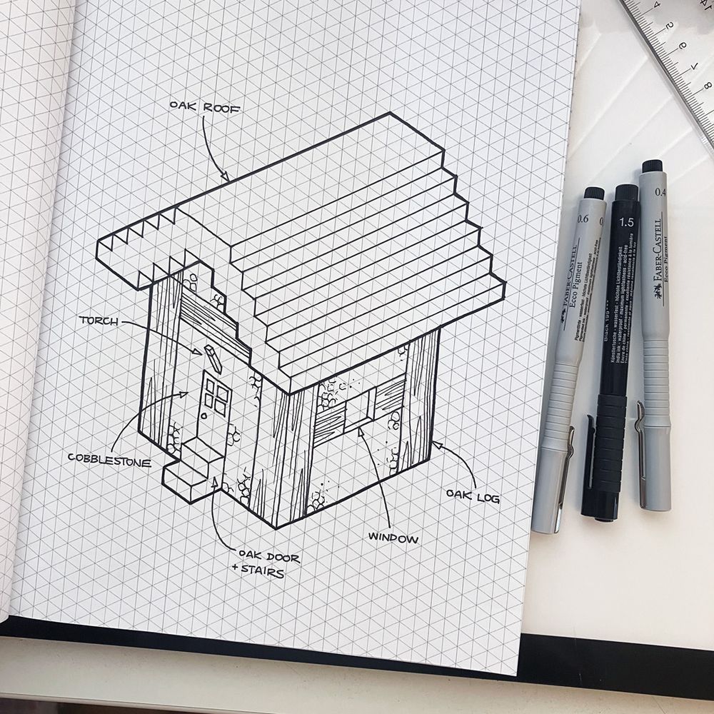 A pad of isometric graph paper with a drawing of a basic plains village house from Minecraft.  Next to the pad are three Faber-Castell technical pens.