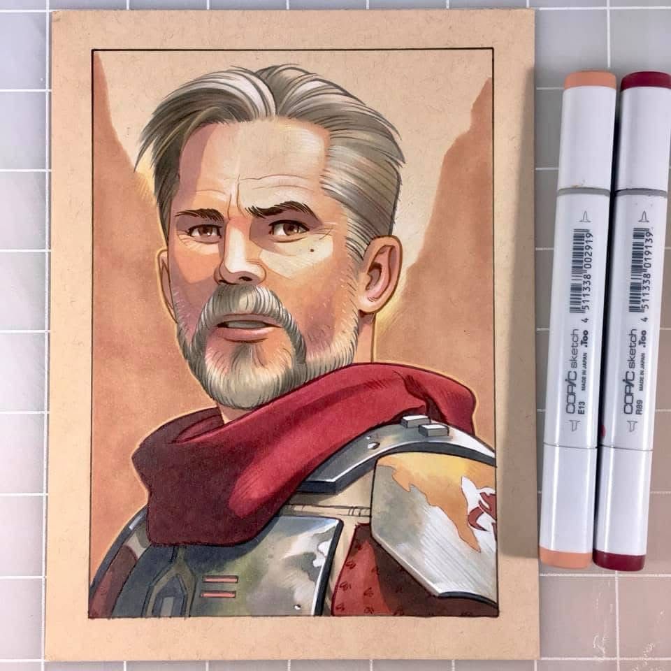 A marker drawing on toned tan paper of Timothy Olyphant as Cobb Vanth from The Mandalorian. To the right are two Copic markers. 