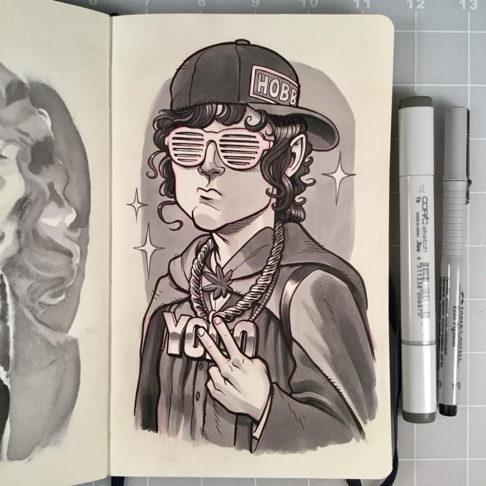 A grayscale pen and ink and marker drawing of Frodo Baggins from The Lord of the Rings. He has a baseball cap turned sideways on his head, slotted sunglasses, a big gold chain that says “YOLO”, and a pot leaf pin on his cloak. 