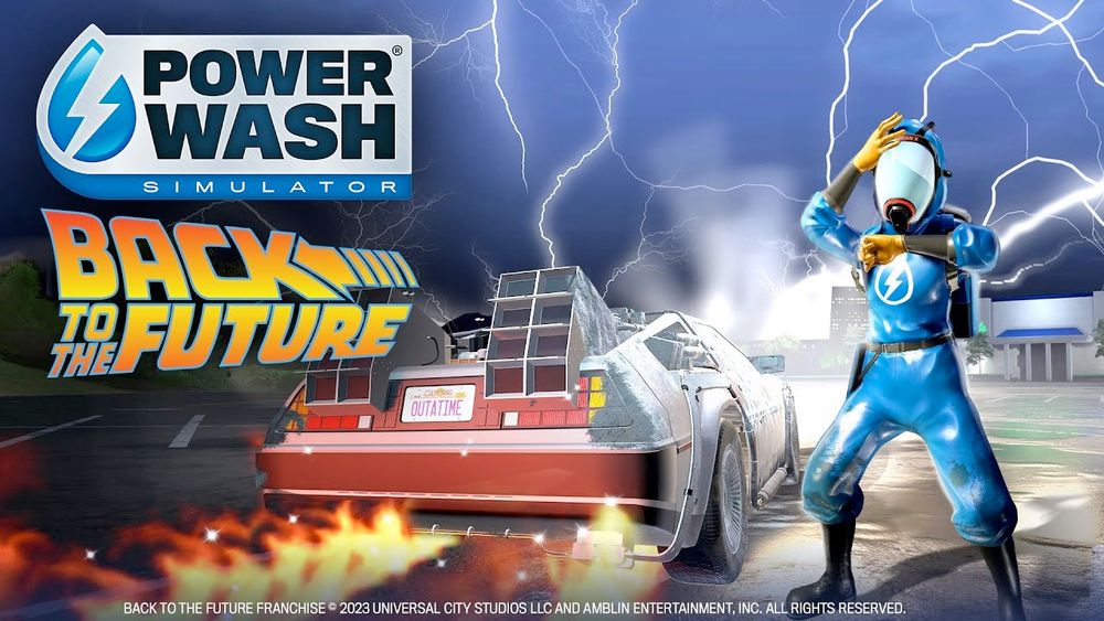 A promotional image for the PowerWash Simulator Back to the Future DLC pack which has the two logos and the PowerWash guy standing next to the DeLorean time machine from the first movie.