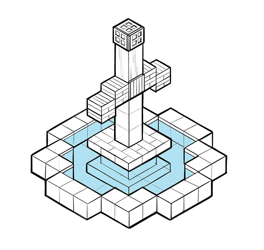 An isometric drawing of a Minecraft fountain meant to look like a giant sword driven into a stone platform