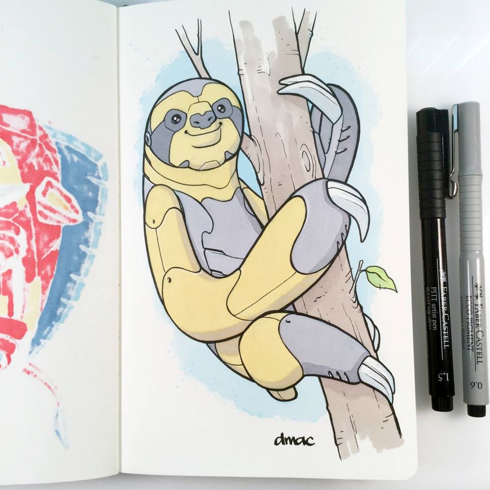 Drawing of a robot sloth climbing a tree.  To the right are a Faber-Castell PITT artist pen and a Faber-Castell Ecco Pigment pen.