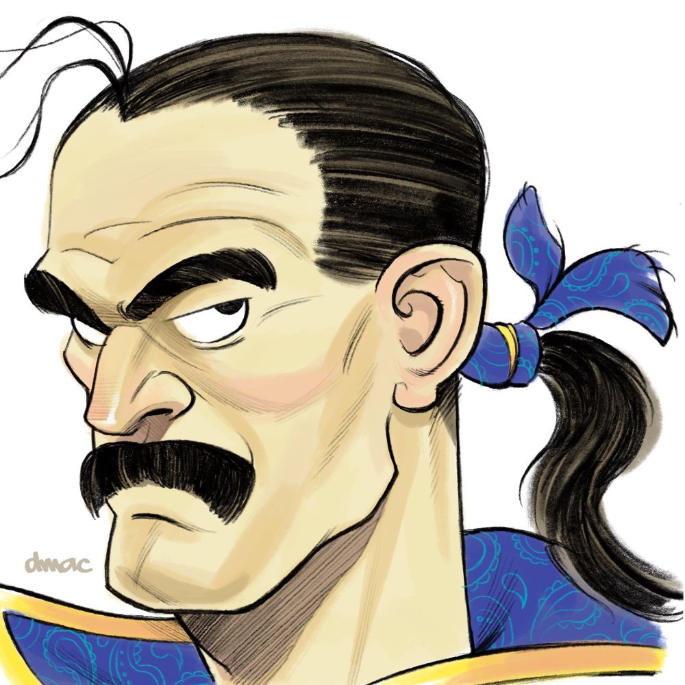 A digital portrait of Cyan Garamonde from Final Fantasy VI. He has a moustache and dark hair pulled back into a ponytail.