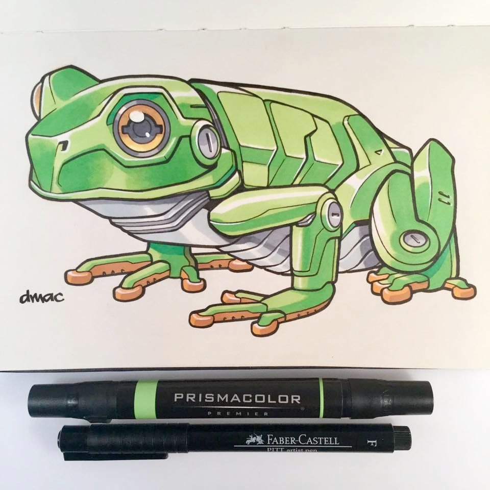 A marker and pen and ink drawing of a robotic tree frog drawn in a Moleskine sketchbook.  Below the drawing are a Presmacolor marker and a Faber-Castell PITT artist pen.