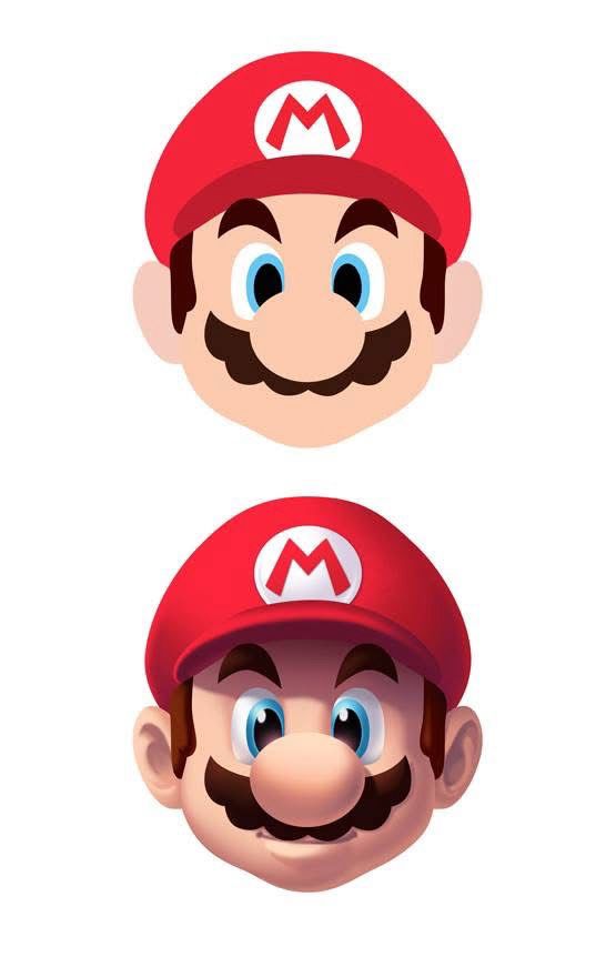 Two images of Mario: the first as flat 2D shapes and the second shaded to give it volume 