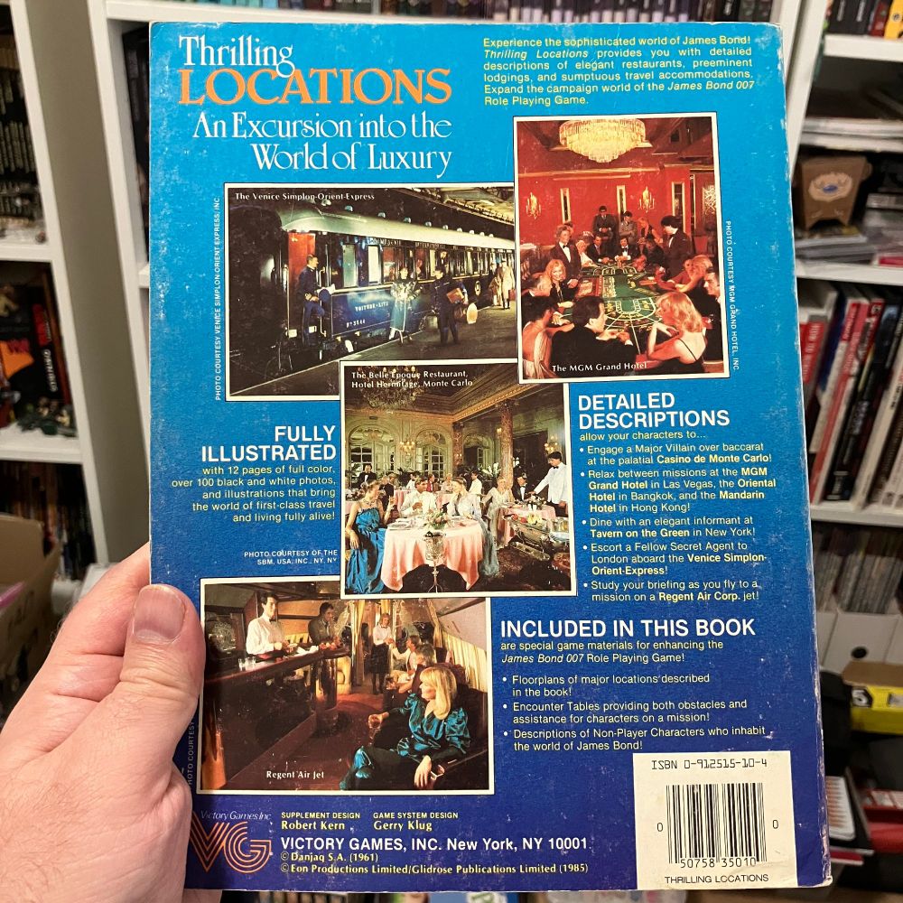 Back Cover of Thrilling Locations for the James Bond 007 RPG from Victory Games showing the Orient Express, MGM Grand Hotel, Hotel Hermitage in Monte-Carlo, and a Regent Air Jet.