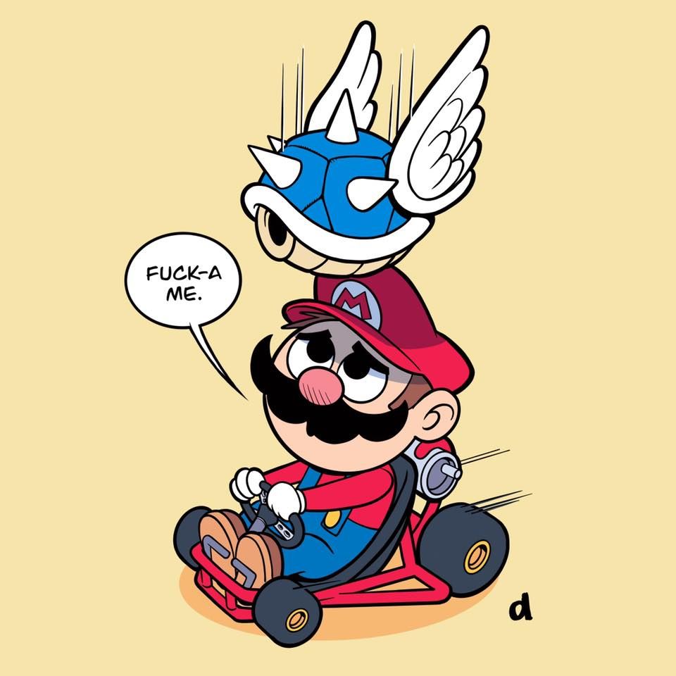 A Procreate drawing of Mario in a kart with a blue shell descending on him from above.  Mario is saying "Fuck-a me."