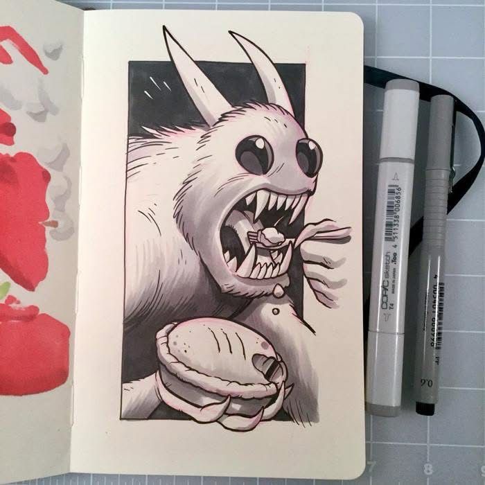Sketchbook drawing of a rat creature eating quiche 