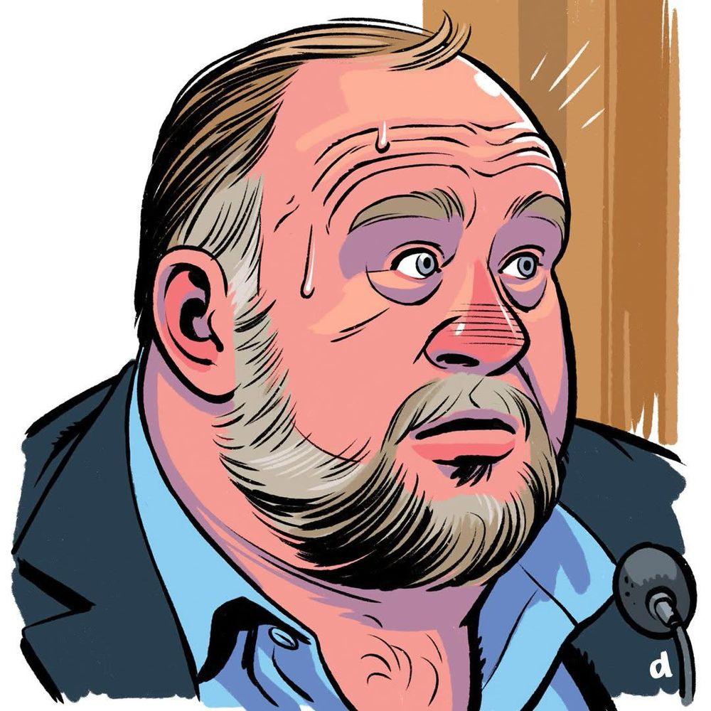 A digital drawing of a sweaty Alex Jones from one of his trials in 2022