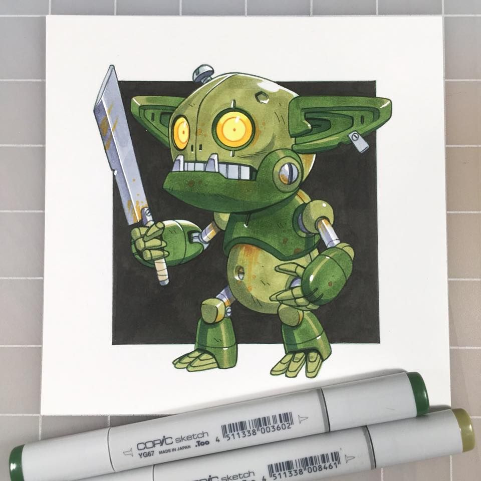 A marker drawing of a robot goblin