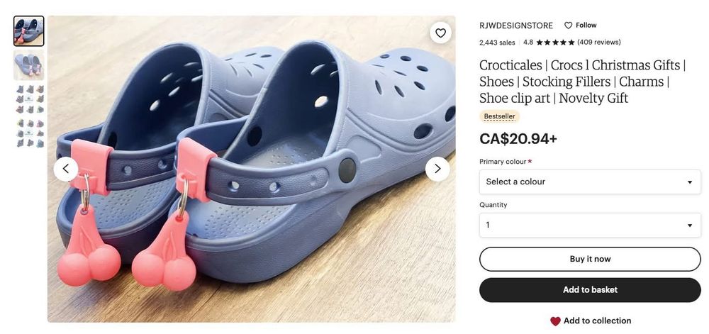 A photo of a pair of Crocs with “Crocticales” (fake testicles made of plastic) dangling from the straps on the back 