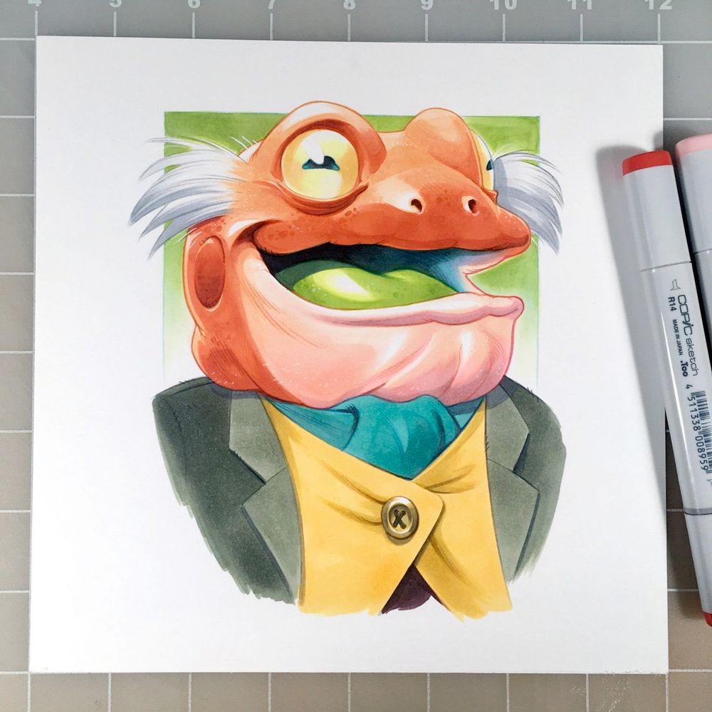 A semi-realistic marker and coloured pencil drawing of anthropomorphic frog person, Hop-Pop Plantar from Amphibia.